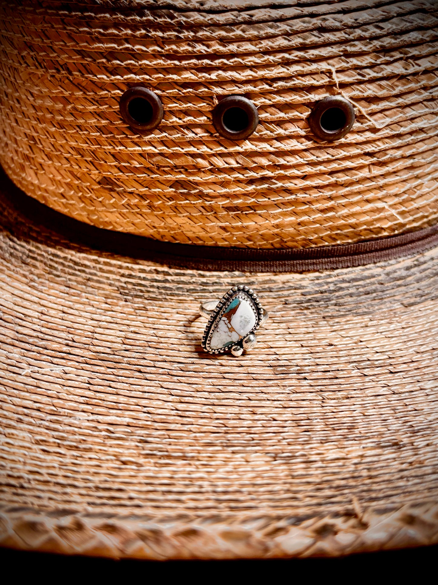 Size 7 White Buffalo, Kingman Turquoise & Bronze Ring