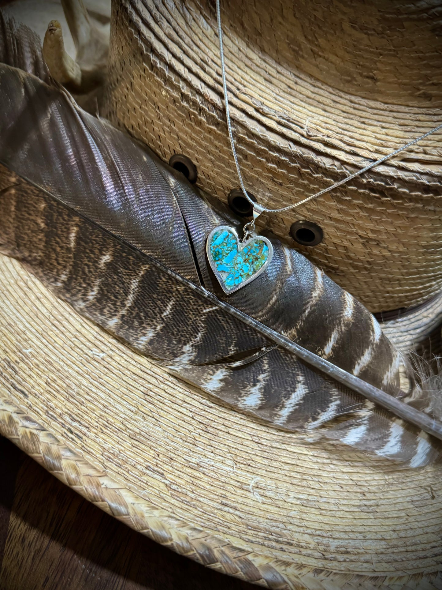Handmade Silver Heart Pendant with Kingman Turquoise Inlay with 18” chain.
