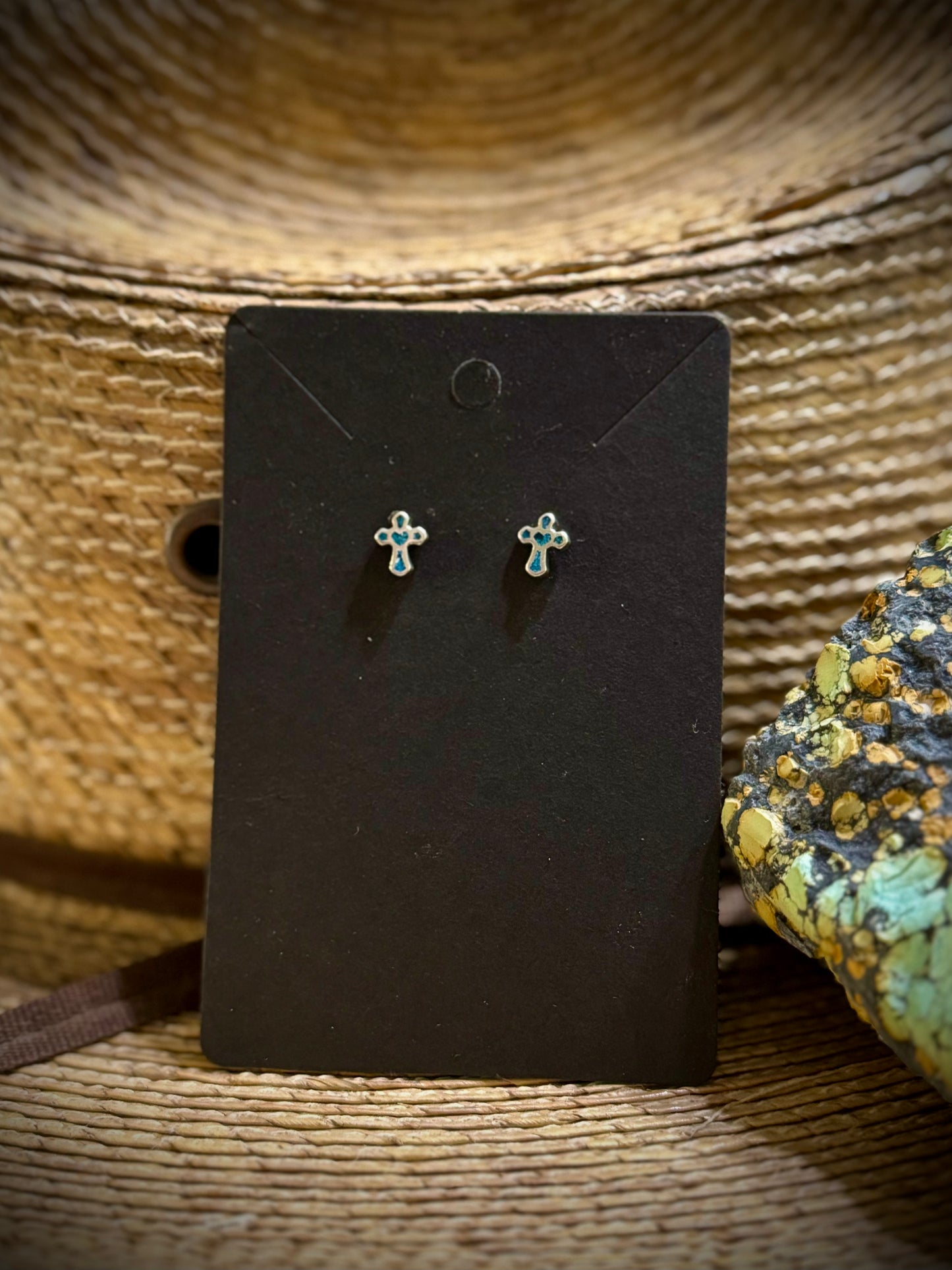 Turquoise Inlay Sterling Silver Cross Mini Studs