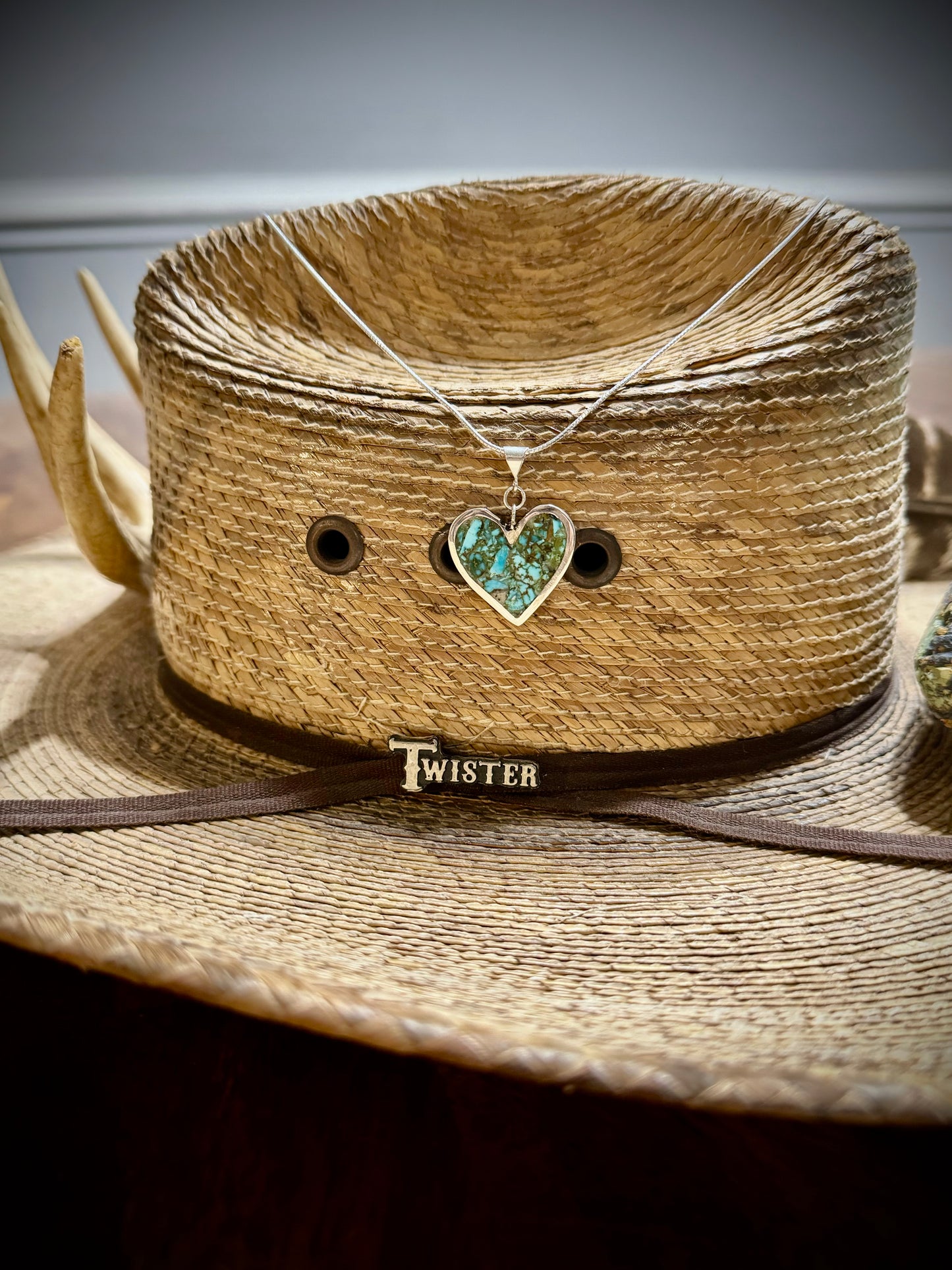 Handmade Silver Heart Pendant with Kingman Turquoise Inlay with 18” chain.