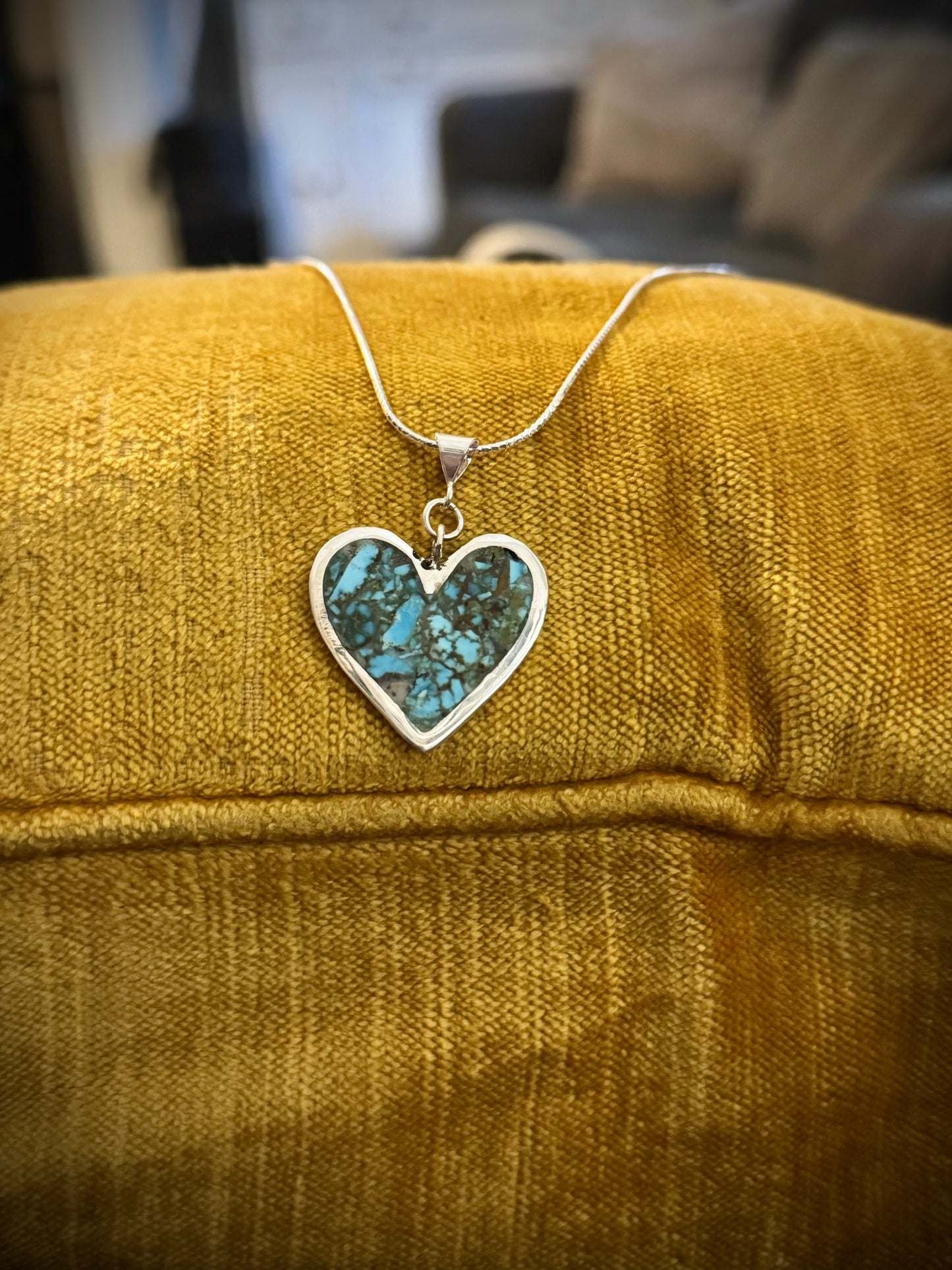 Handmade Silver Heart Pendant with Kingman Turquoise Inlay with 18” chain.