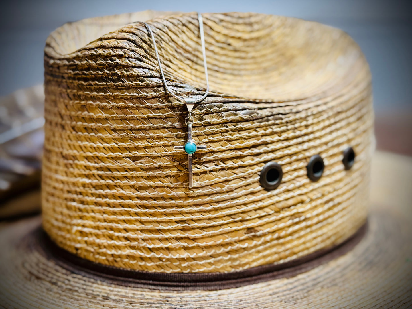 Cross with Kingman Turquoise and 18” silver chain.