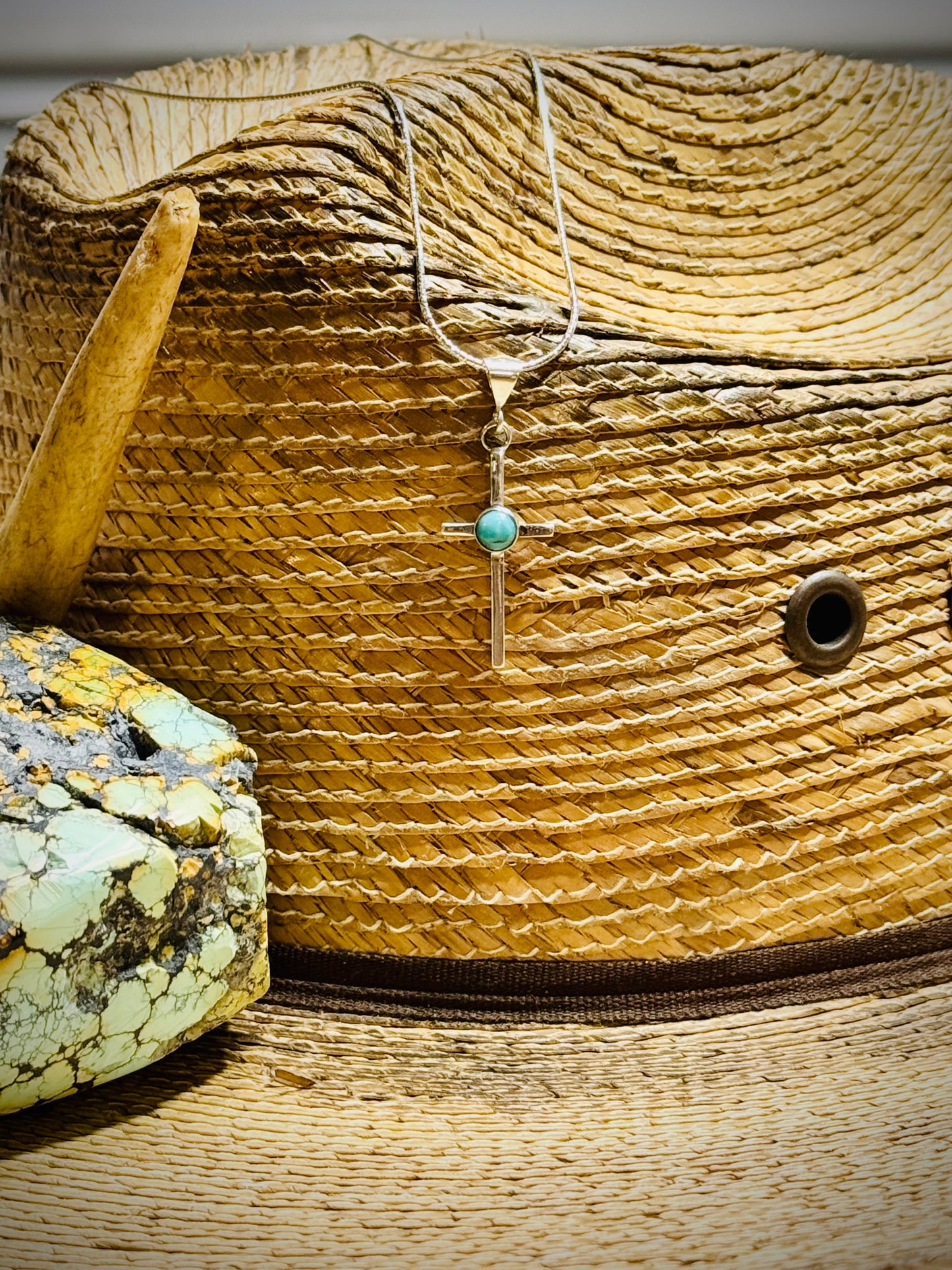 Cross with Kingman Turquoise and 18” silver chain.