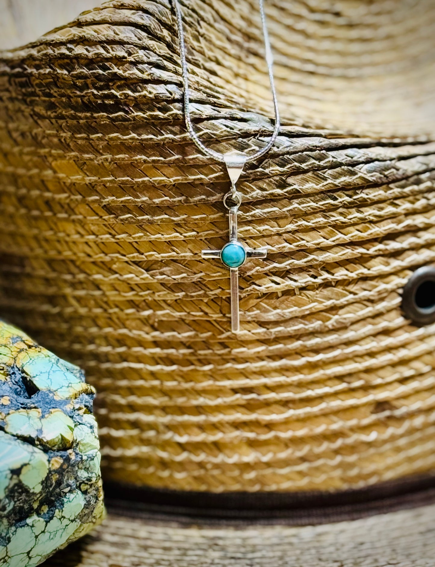 Cross with Kingman Turquoise and 18” silver chain.