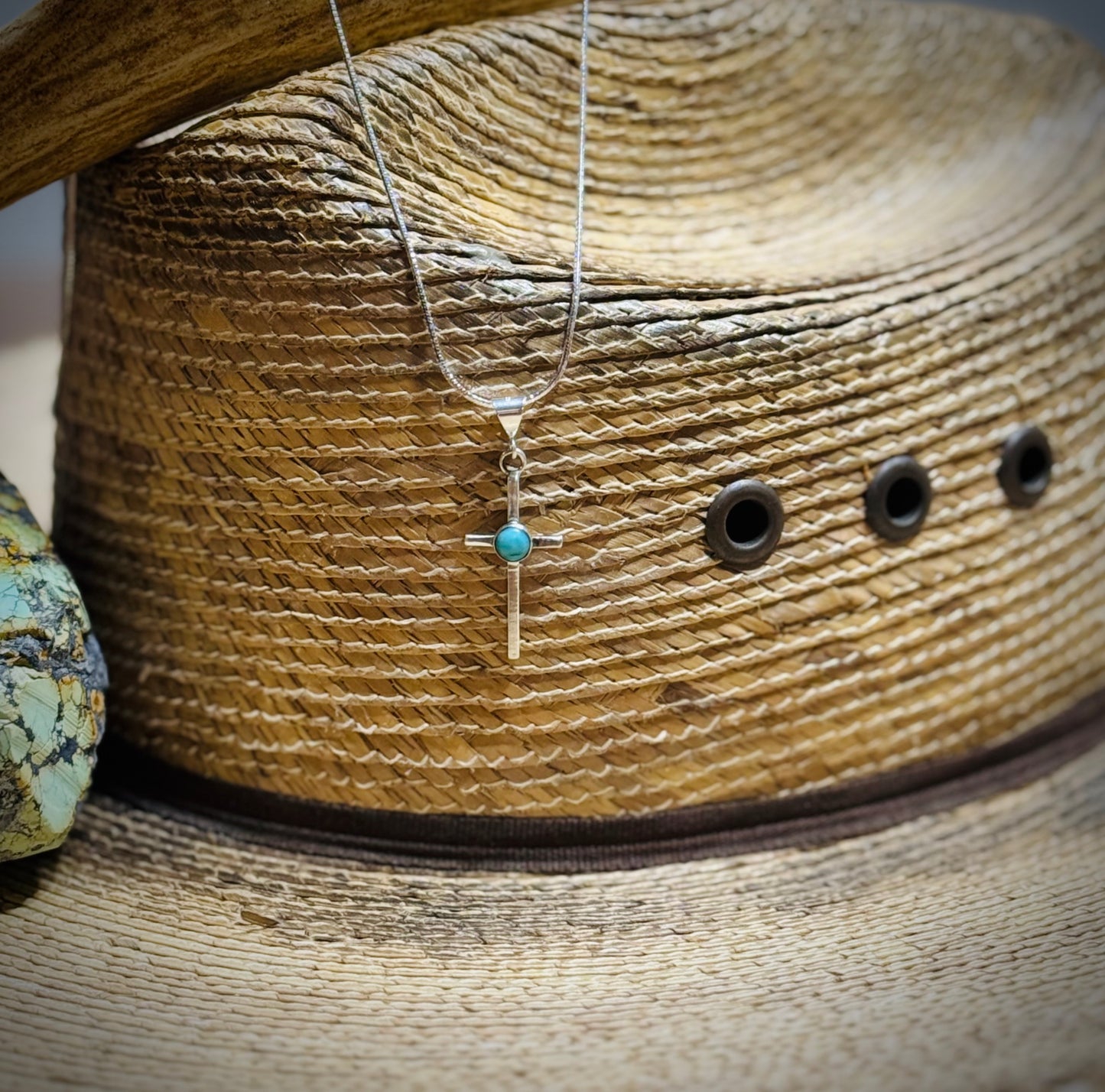 Cross with Kingman Turquoise and 18” silver chain.