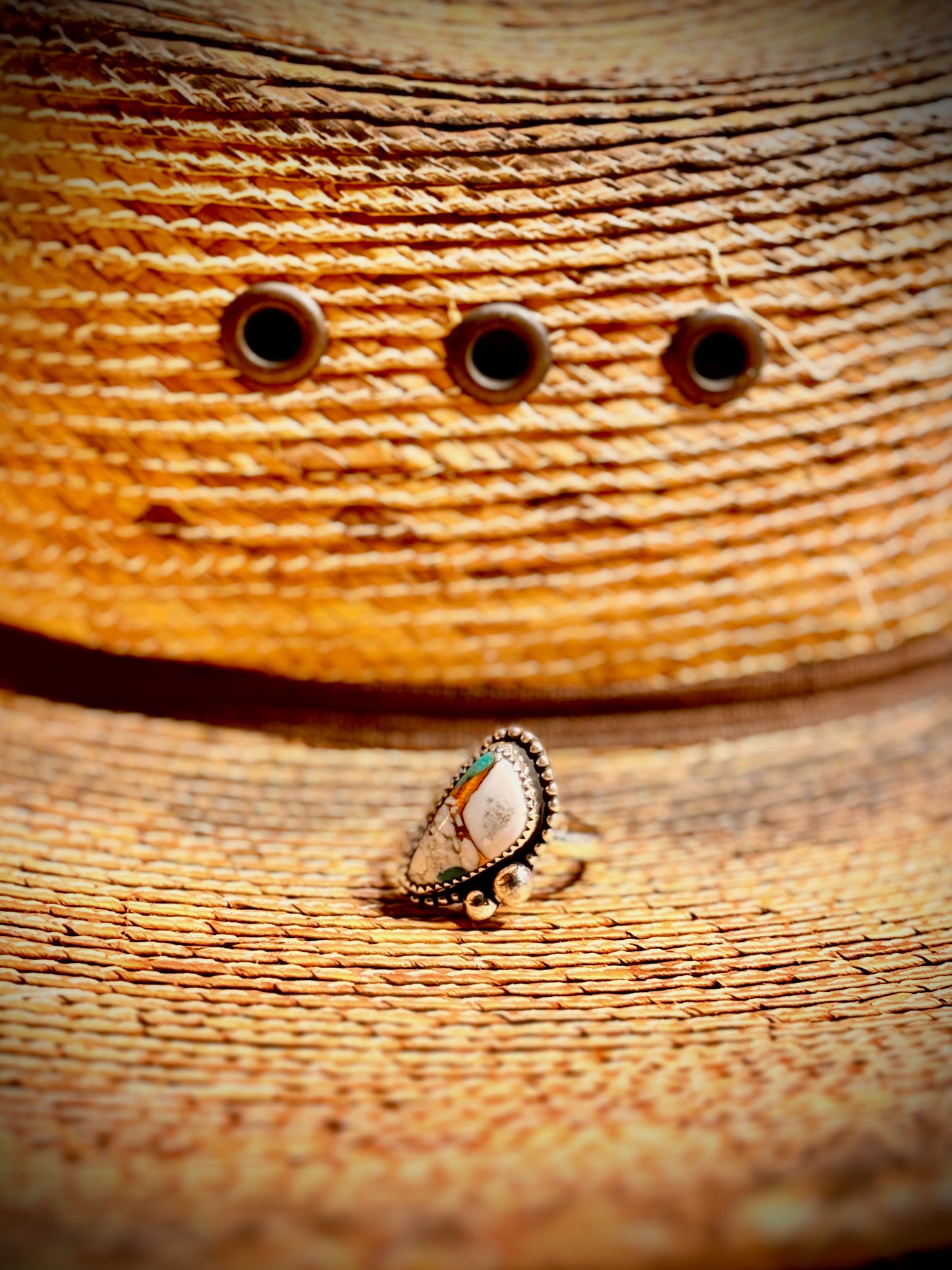 Size 7 White Buffalo, Kingman Turquoise & Bronze Ring