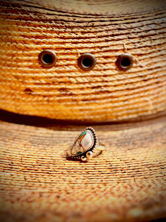 Size 7 White Buffalo, Kingman Turquoise & Bronze Ring