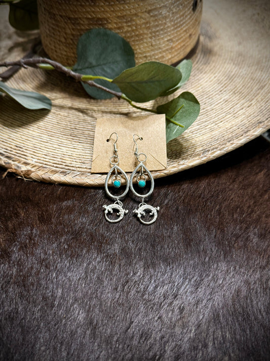Dangly Kingman Turquoise & SS Lizard Earrings