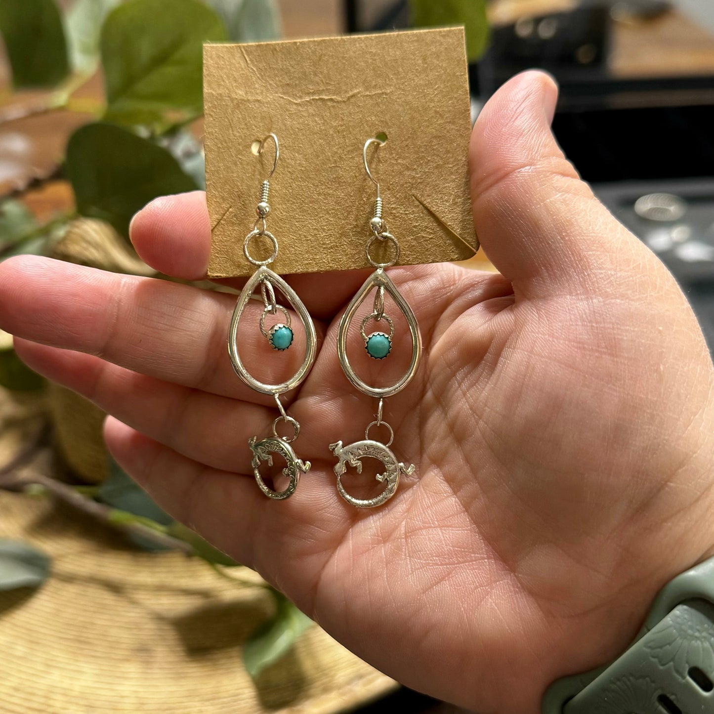 Dangly Kingman Turquoise & SS Lizard Earrings